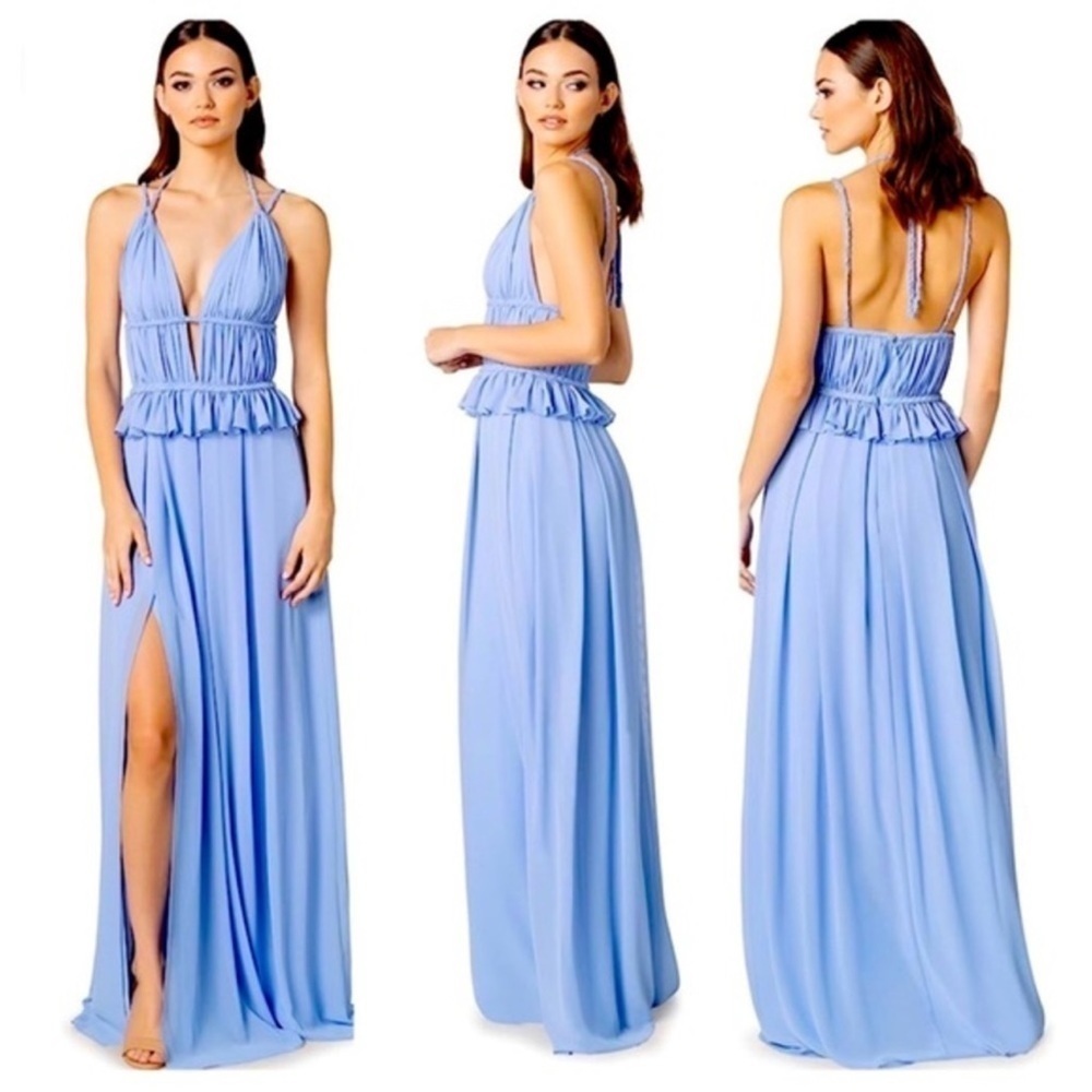 Dress The Population Athena Flowy Plunging Cut Out Gown powder blue sleeveless